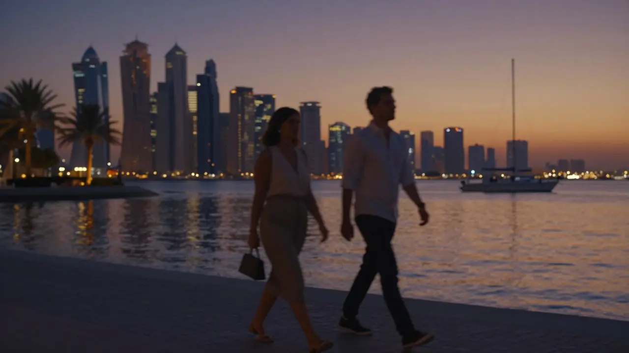 Two people walking calmly along Dubai Marina at sunset, silhouette against the glowing city.
