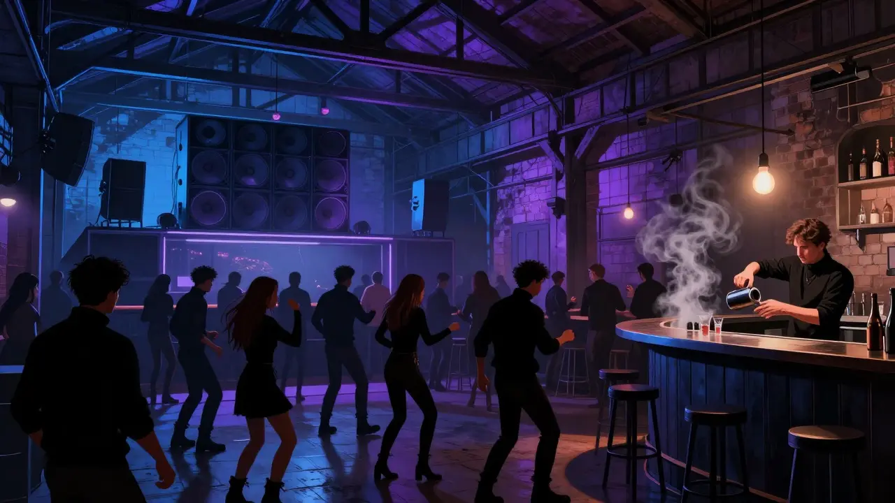 Underground techno club with a crowd dancing in dim blue lights inside a converted warehouse.
