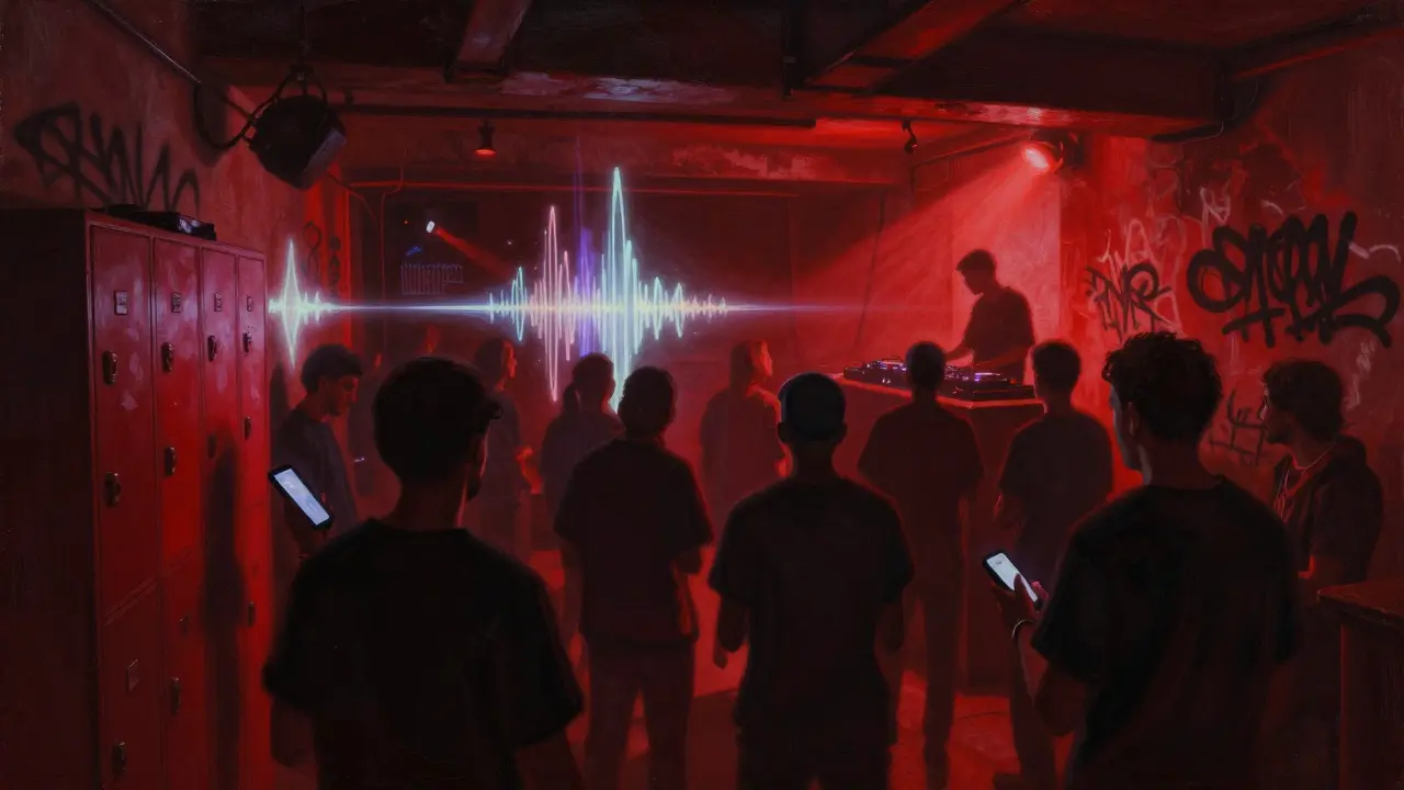 Underground techno club with dim red lights and crowd dancing, phones locked away in a moody, intimate setting.