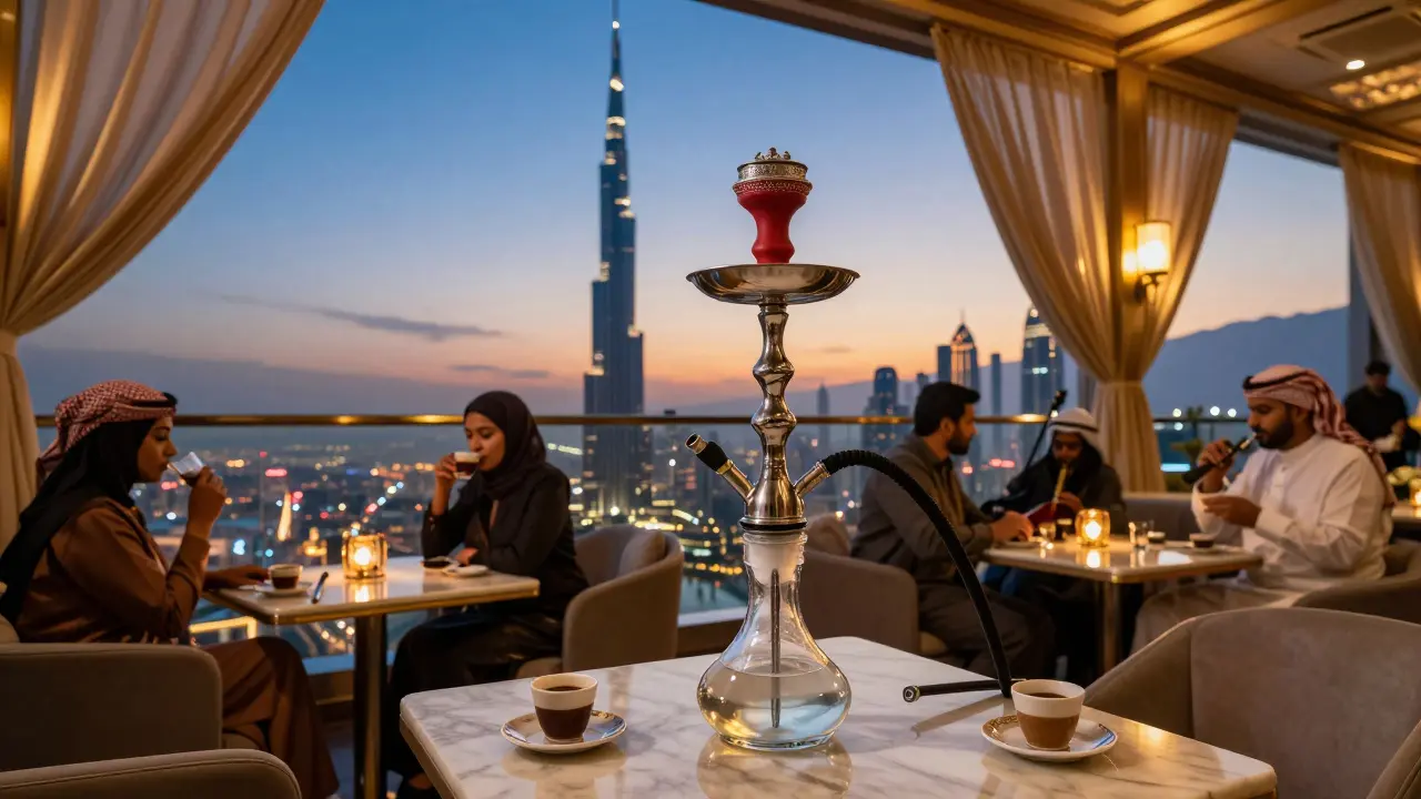 Upscale shisha lounge on Burj Khalifa's 122nd floor with city lights glowing below at sunset.