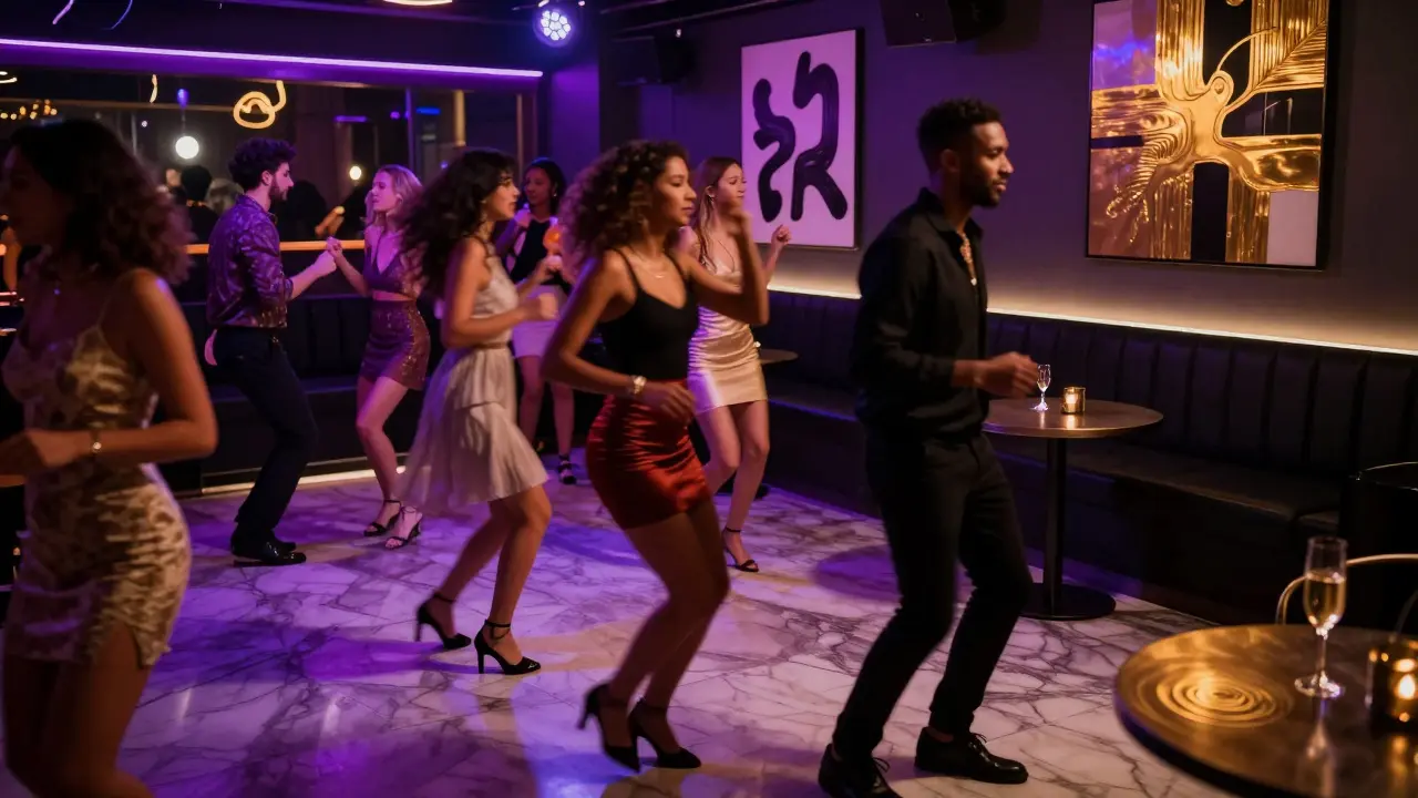 Vibrant nightclub scene with dancers on marble floor under soft lighting