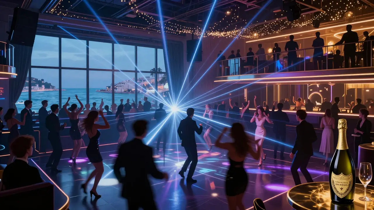 Vibrant nightclub with lasers and dancers overlooking the harbor, formal crowd moving to music.