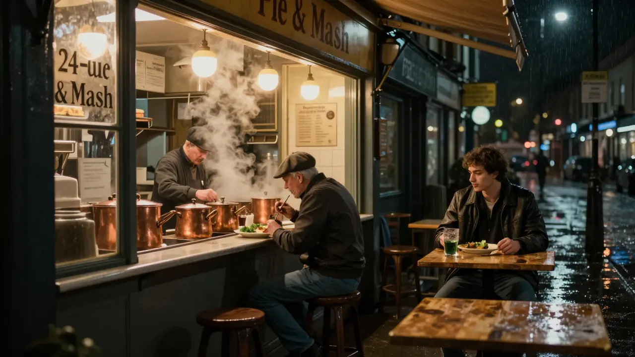 24-hour pie and mash shop with steam rising from copper pots, customers eating in warm, cozy lighting.