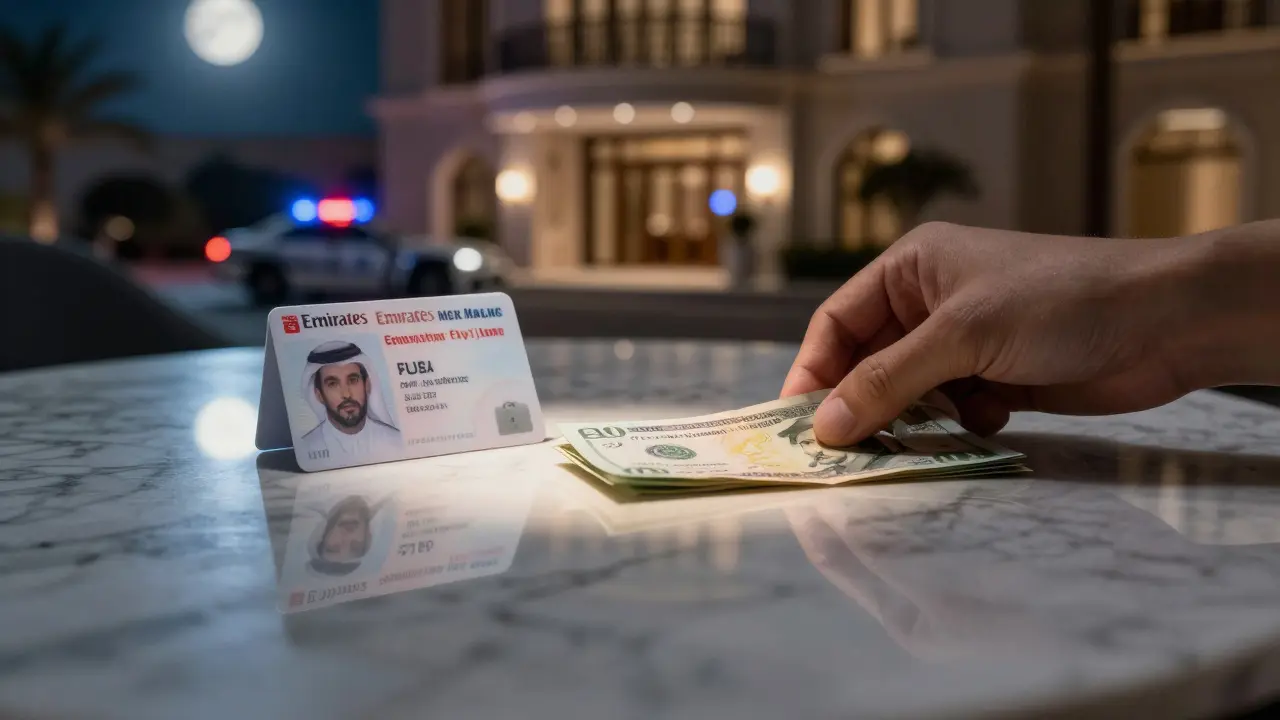 A cash bill and fake ID on marble reflect police lights, symbolizing risk and deception.