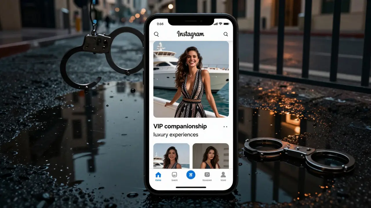 A deceptive Instagram ad reflects as handcuffs in a rainy Dubai street puddle.