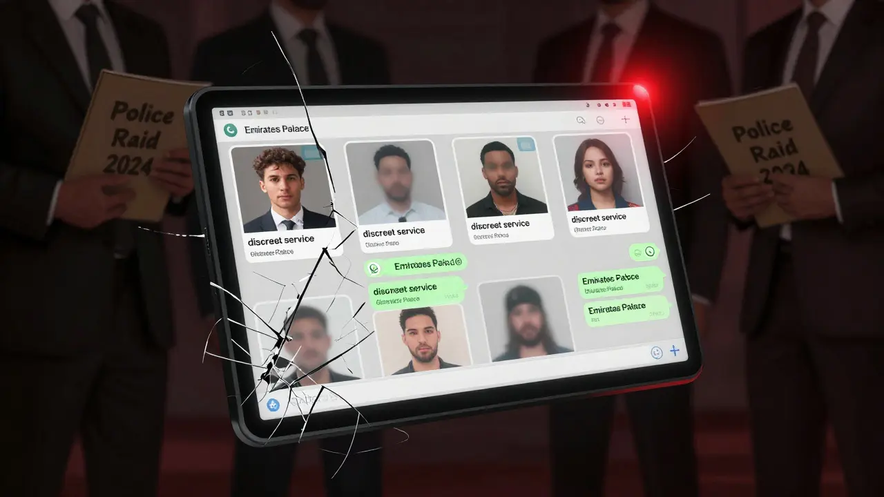 A digital screen shows multiple fake escort profiles with identical photos and warning messages.