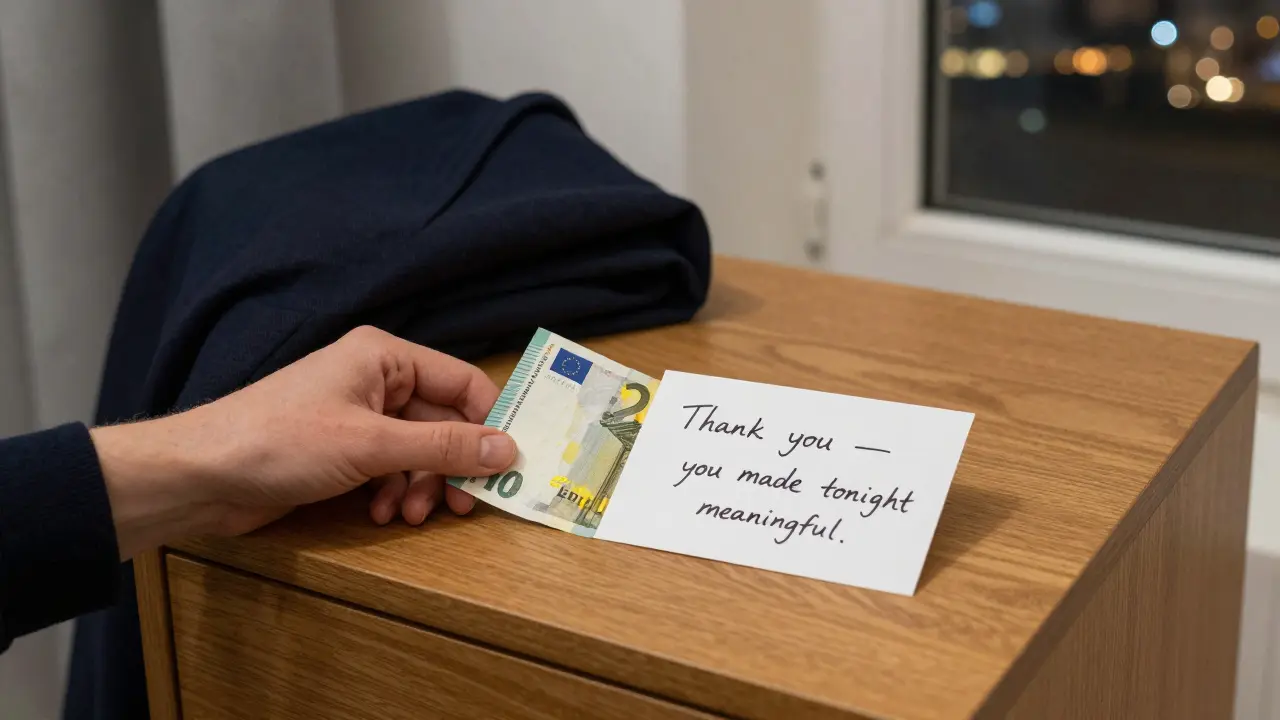 A euro bill and a handwritten thank-you note on a nightstand, symbolizing respectful closure after a meaningful meeting.