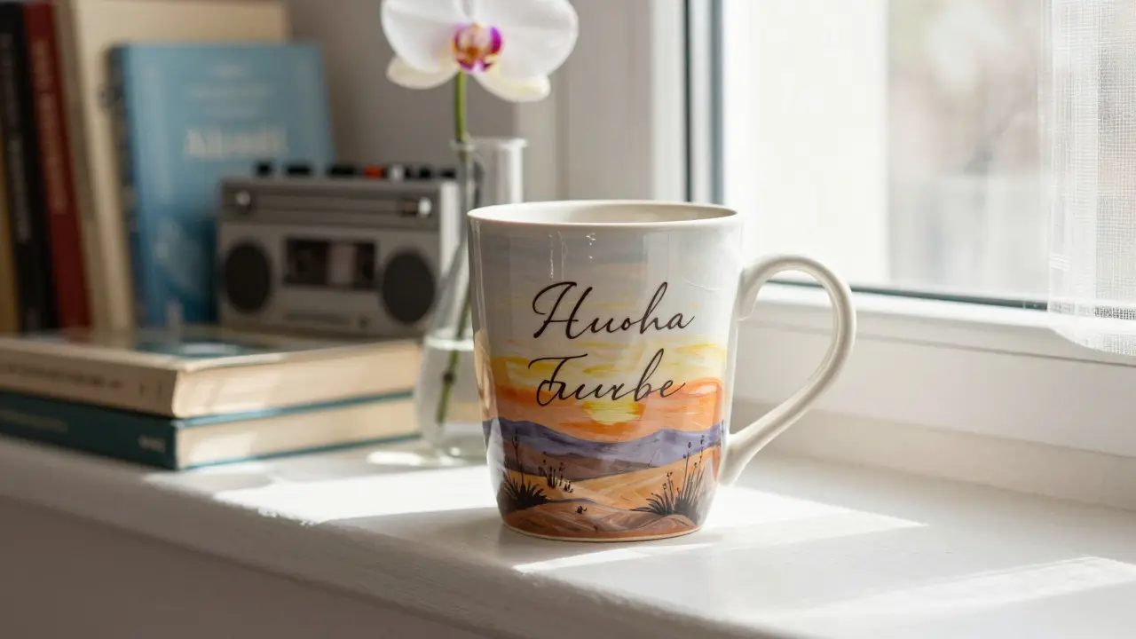 A hand-painted ceramic mug on a windowsill with an orchid and books in Dubai’s art district.