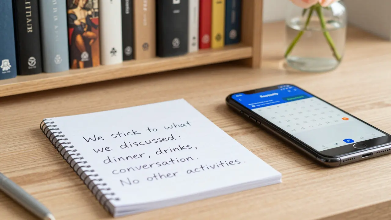 A handwritten note confirming boundaries beside a secure payment app and a rose on a wooden desk.