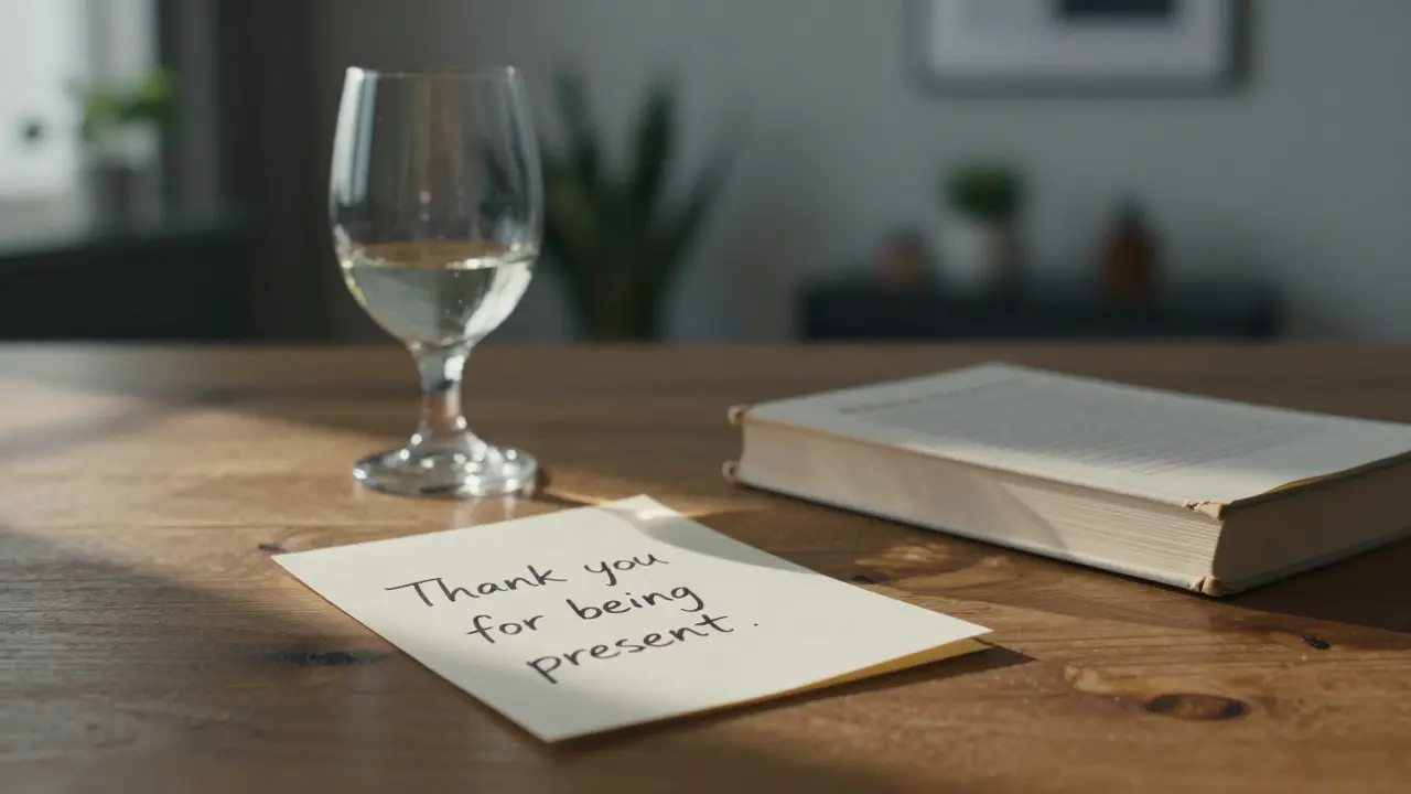A handwritten thank-you note beside a book and wine glass on a wooden table.