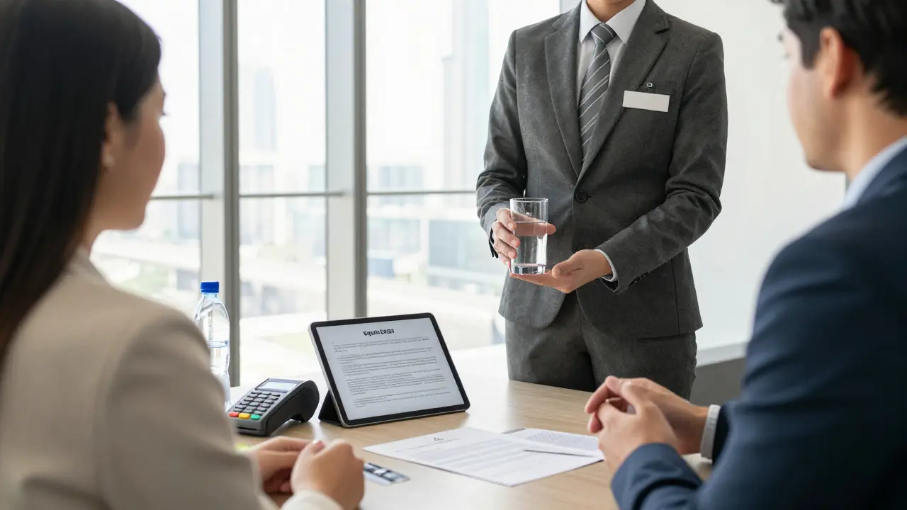 A licensed concierge in a professional lounge offering a client a drink, with a service agreement and payment device visible on the table.