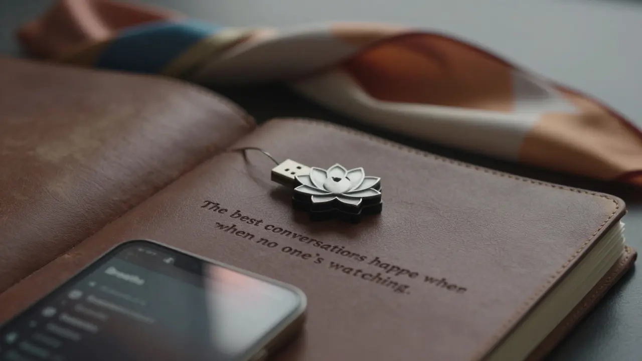 A lotus-shaped USB drive and leather journal with a personal quote, softly lit in quiet intimacy.
