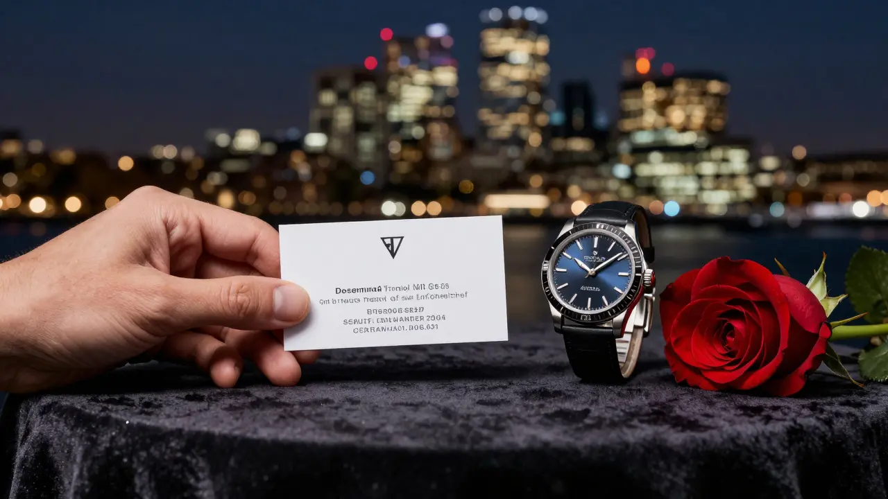A luxury watch and business card on velvet beside a rose, symbolizing discreet, high-end social companionship in London.