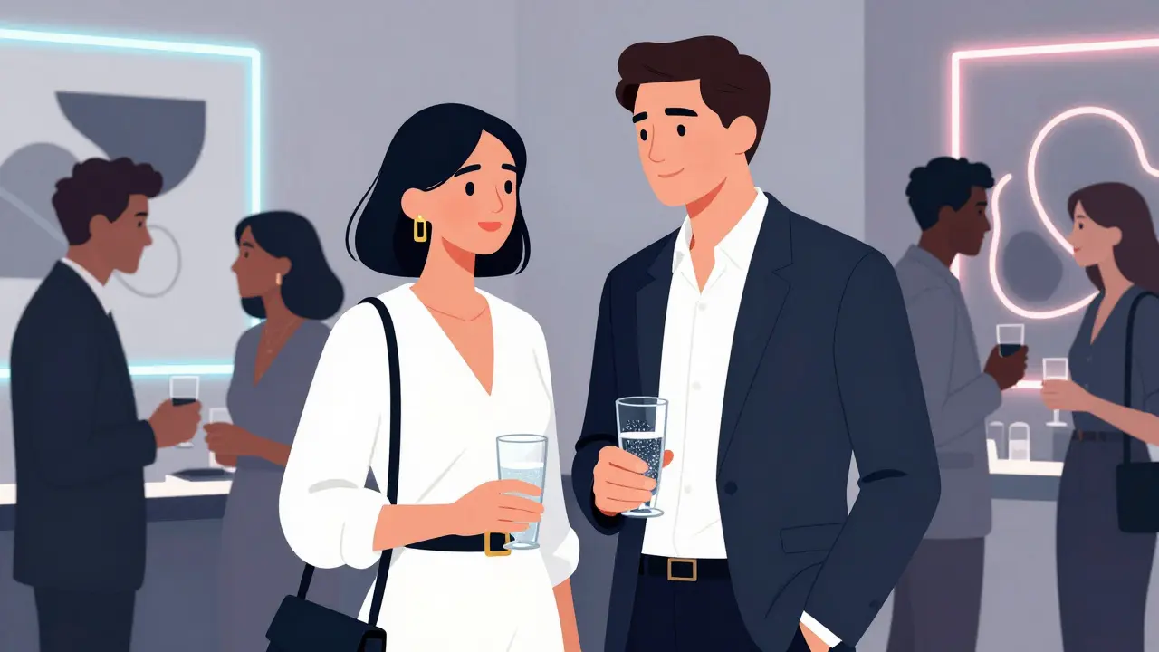 A man and woman at a modern tech event in Shoreditch, blending in with sleek urban ambiance and networking attendees.