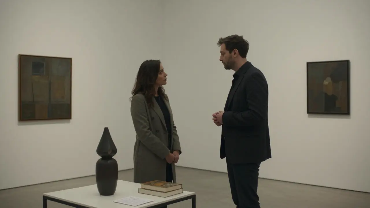 A man and woman viewing art together in a quiet Dubai gallery, surrounded by minimalist sculptures.