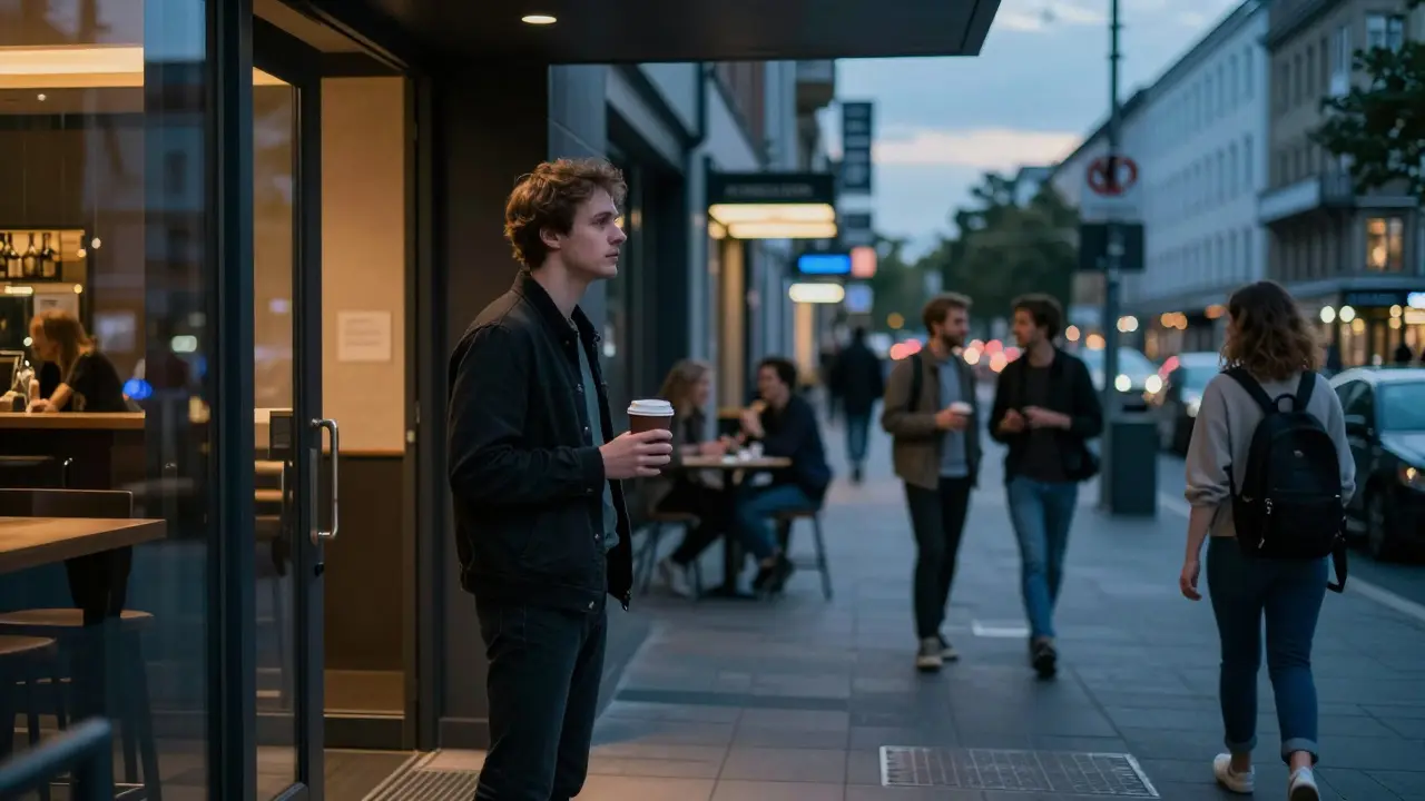 A man hesitating outside a Berlin hotel at dusk, city life blurred around him in twilight.