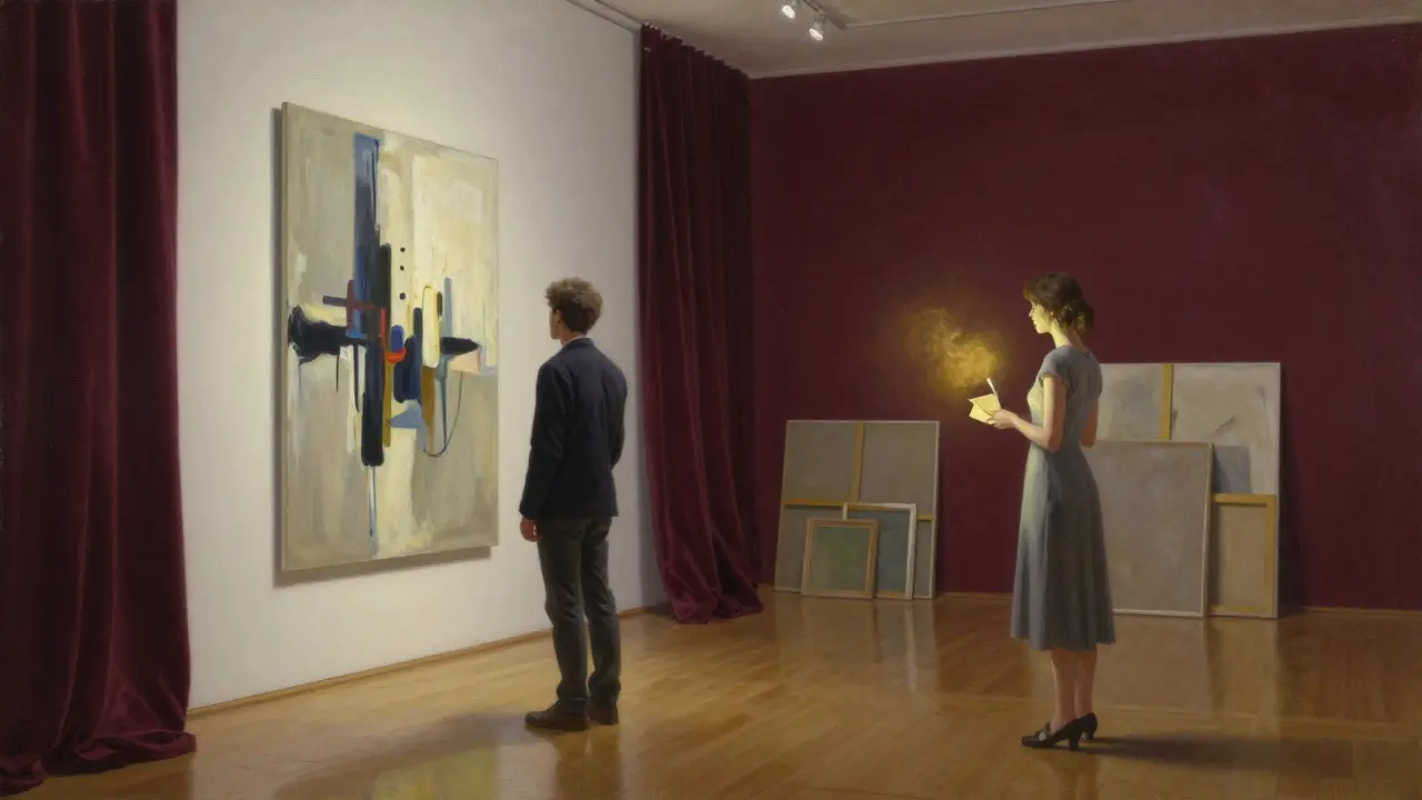 A man stands before a painting in a private Berlin gallery, a woman holds a sealed envelope beside him.