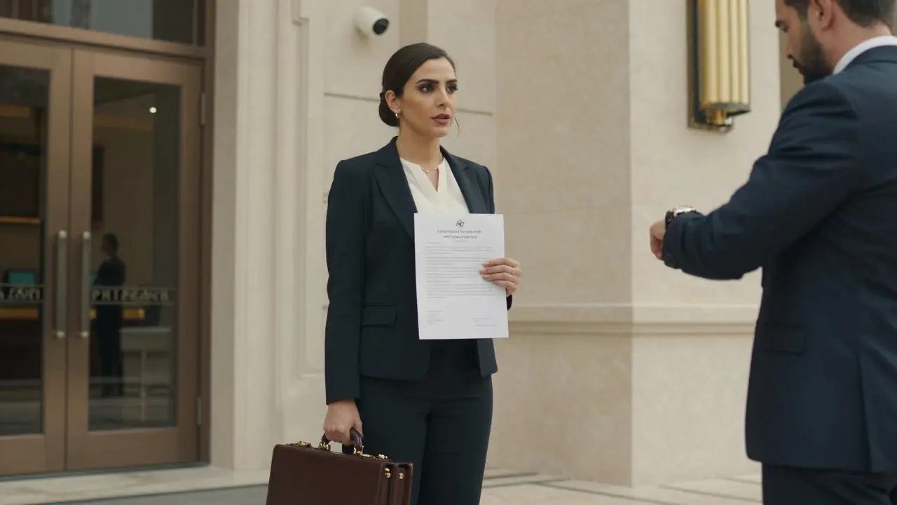 A professional companion and client outside a Dubai hotel, holding a contract with security cameras in view.
