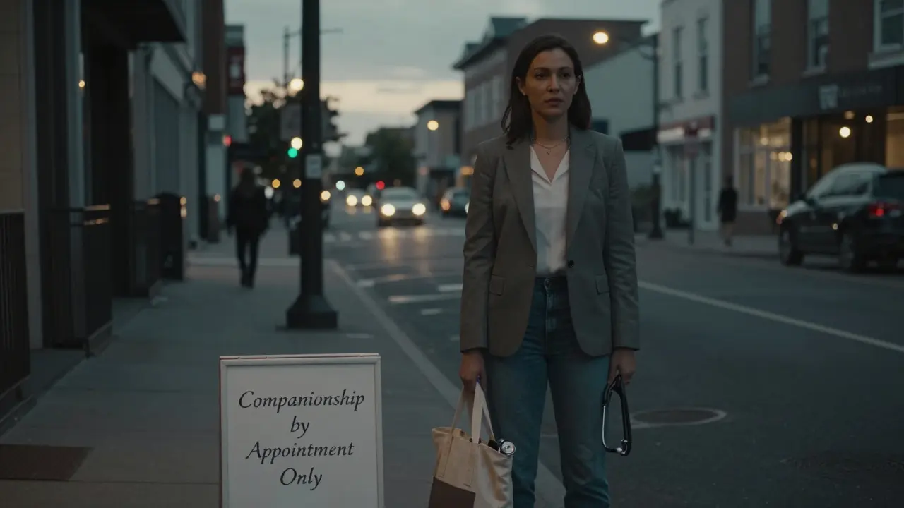 A professional companion stands at dusk, stethoscope visible, in a quiet urban setting.