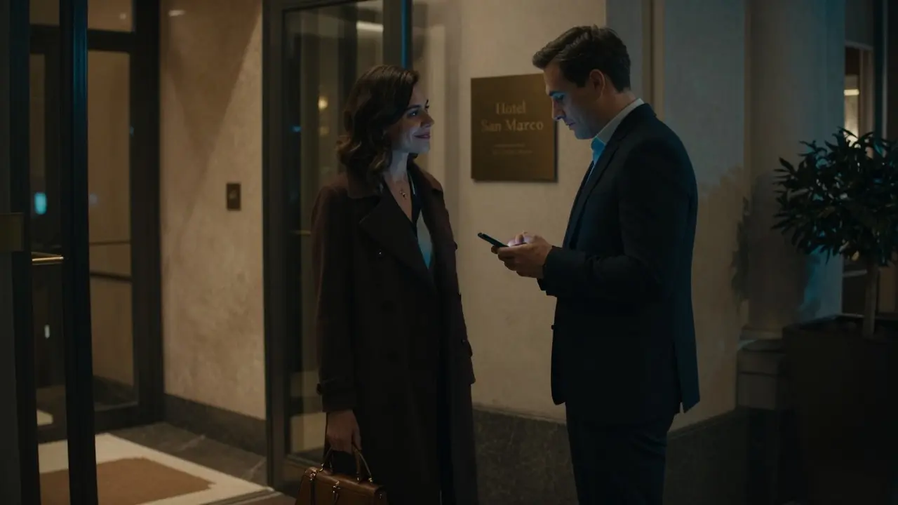 A respectful meeting in a luxury Milan hotel lobby, no physical contact, both individuals dressed elegantly.