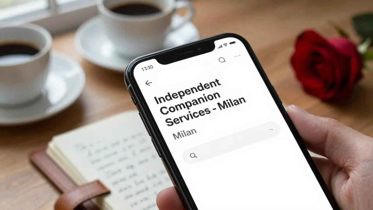 A smartphone showing a private escort website with coffee and a rose on a wooden table.