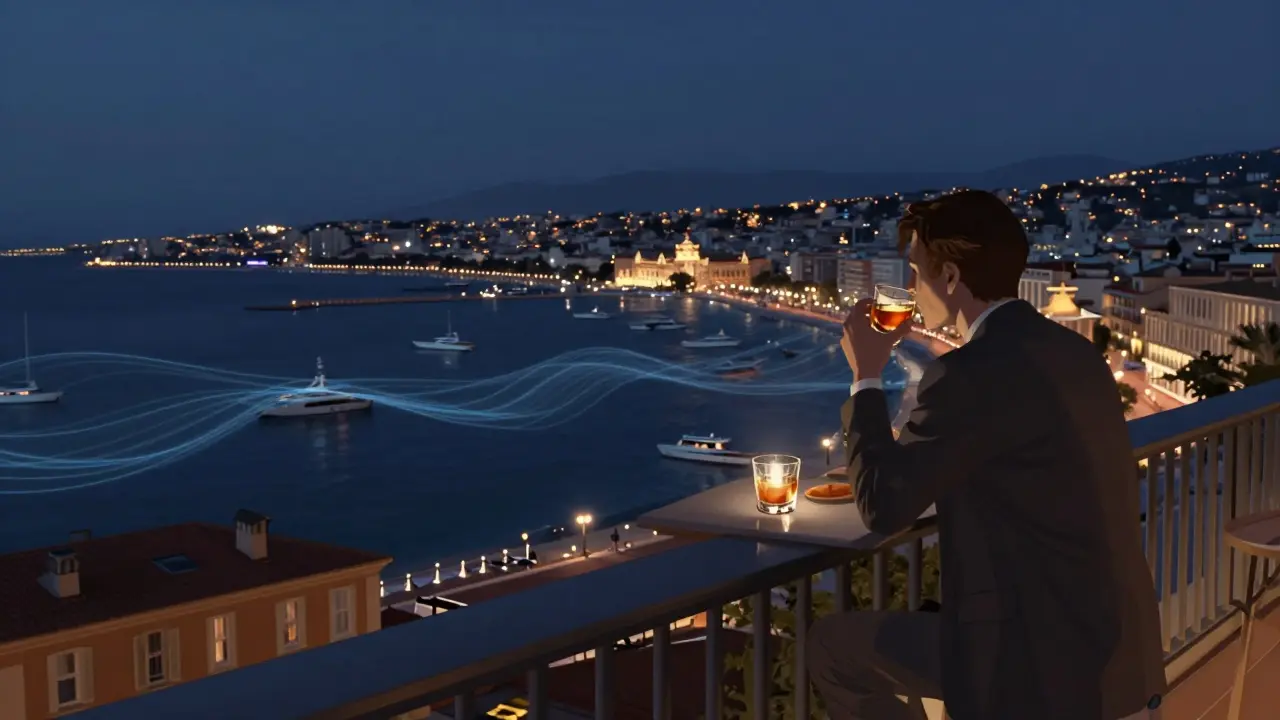 A solitary figure on a rooftop balcony overlooking Monaco's harbor at night, yachts and city lights glowing below.