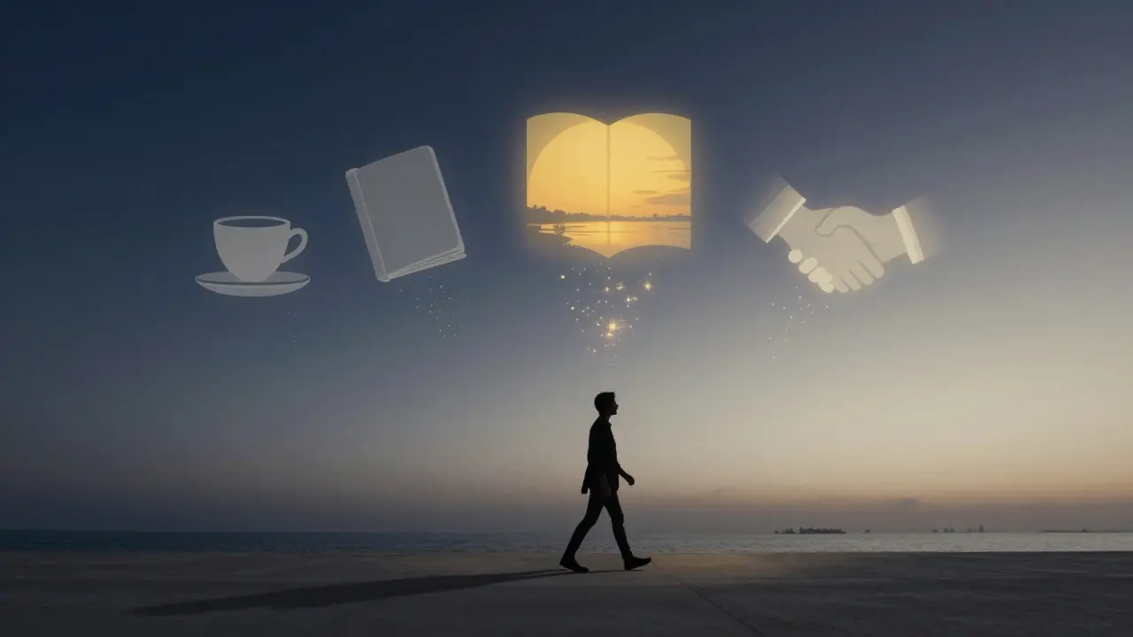 A solitary figure walking along the Corniche at dusk, with translucent icons of connection fading into digital particles.