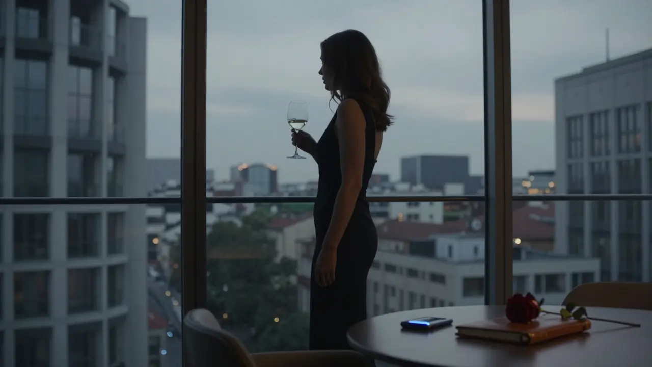 A sophisticated woman by a window in a Milan apartment, encrypted phone glowing softly beside her.