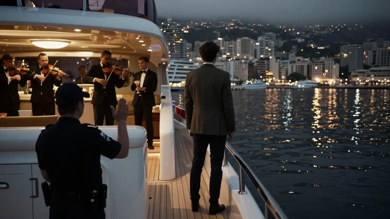 A superyacht deck at night, elegant guests and security keeping paparazzi at bay, Monaco skyline shimmering in the distance.