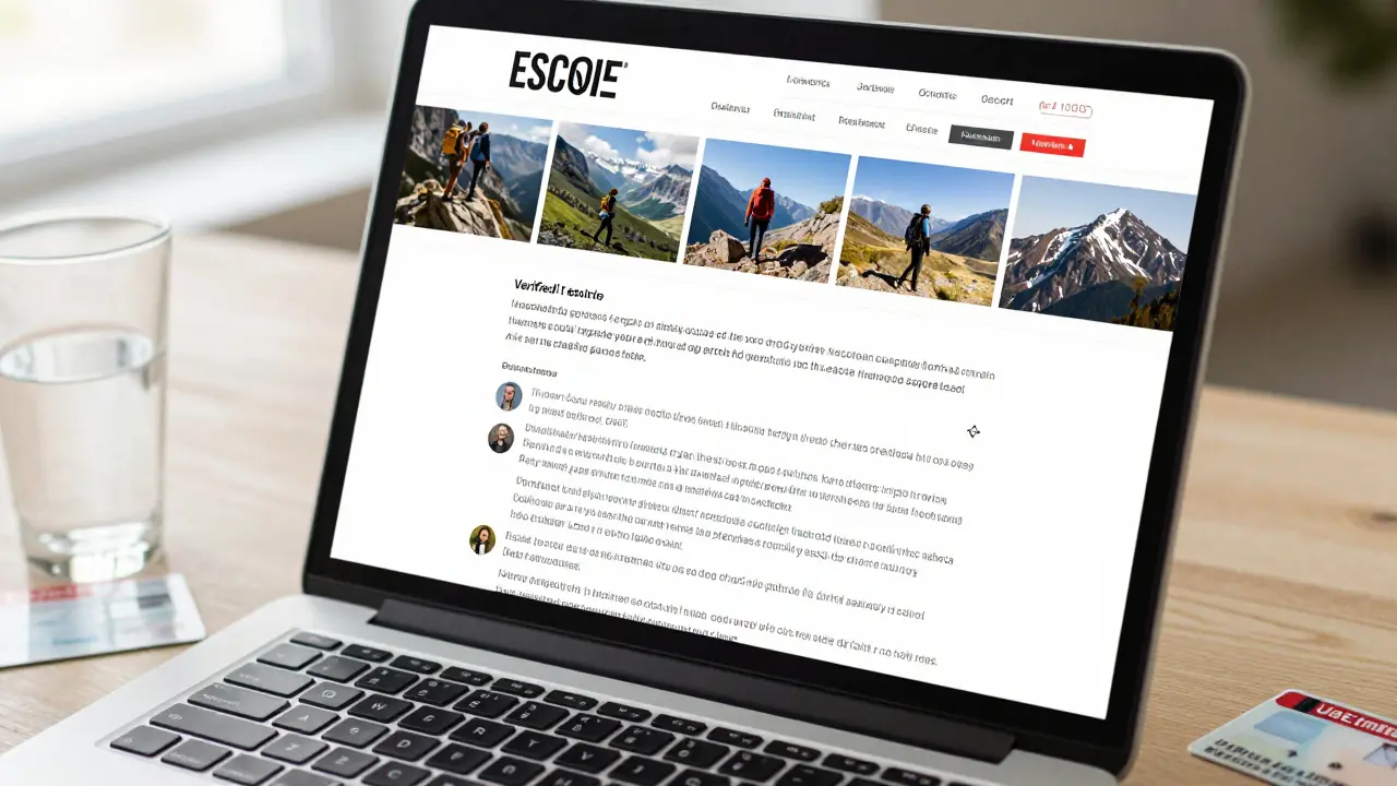 A verified escort profile on a laptop screen with natural photos and client reviews, beside an Emirates ID card.