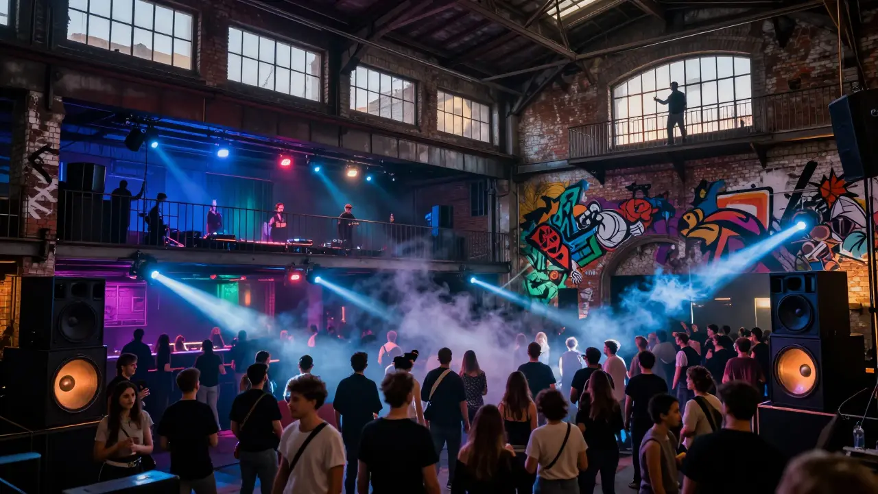A vibrant underground techno club in Milan with crowds moving to music under industrial lights.