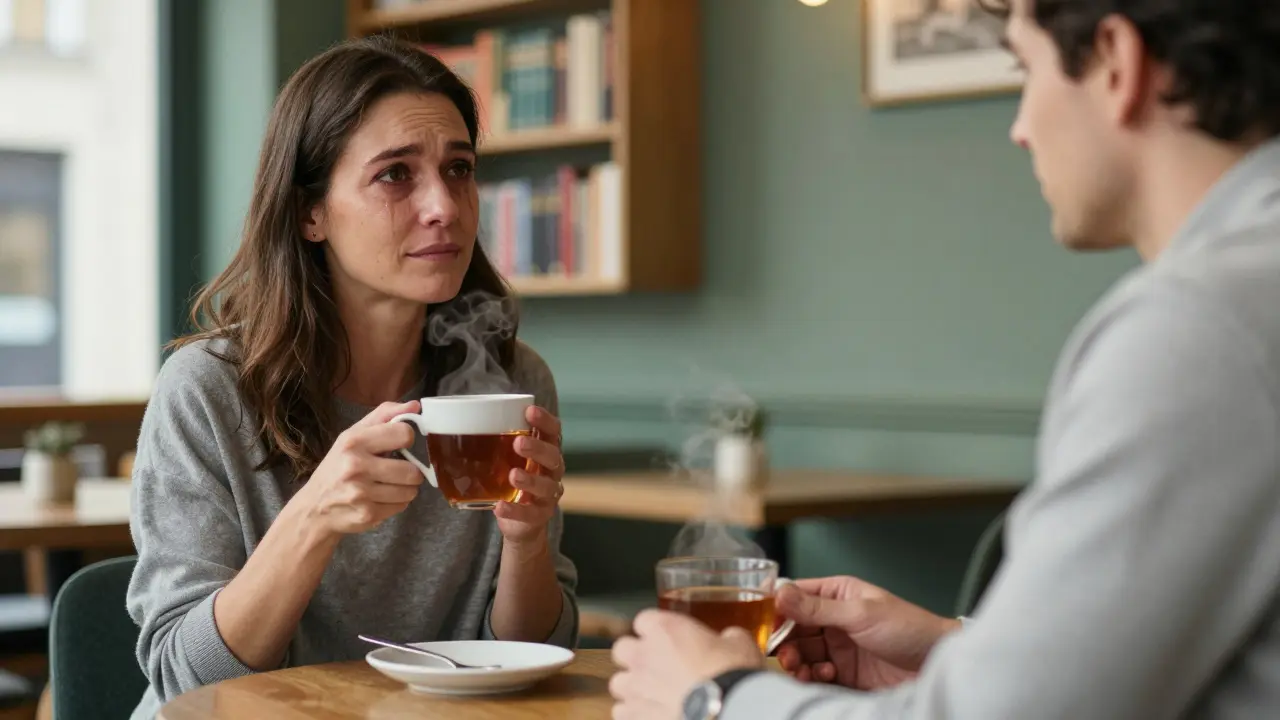 A woman and her companion share tea in a cozy London café, tears glistening but comfort evident.