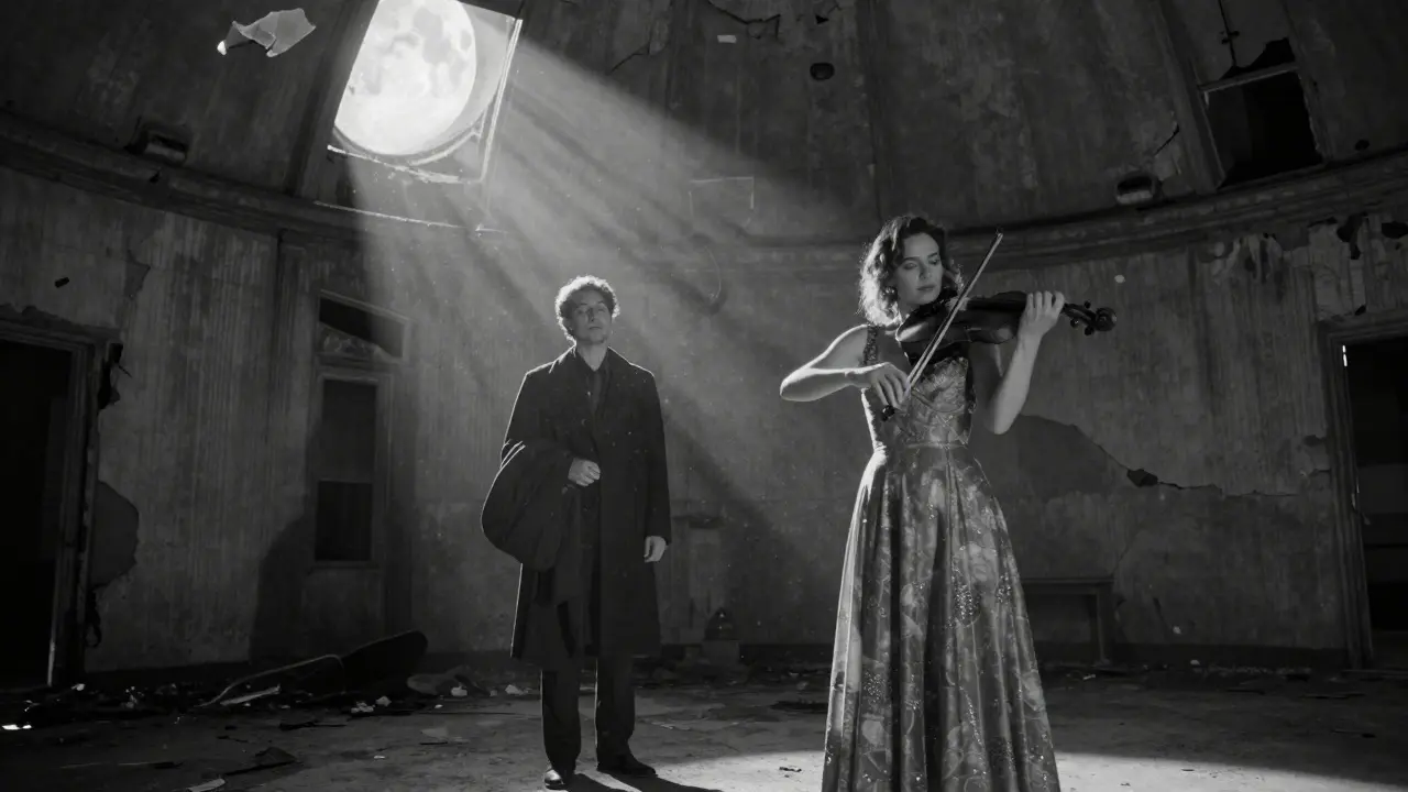 A woman plays violin in the abandoned Teufelsberg station under moonlight, a man listens in silent awe.