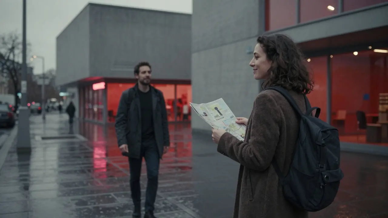 A woman waits outside Hamburger Bahnhof museum as a man approaches, both smiling gently at dusk.
