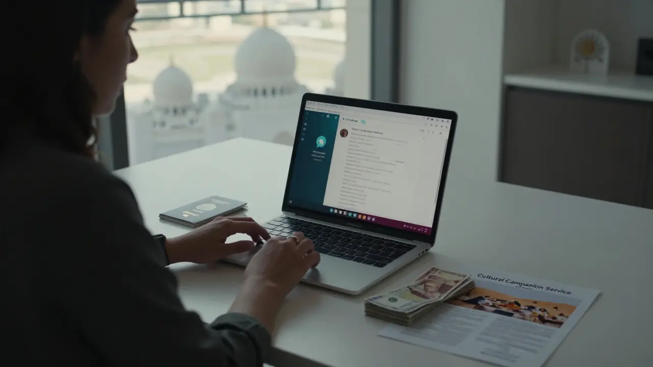 A woman working at a desk in Abu Dhabi with a laptop showing a private chat, cash, and a travel itinerary nearby.