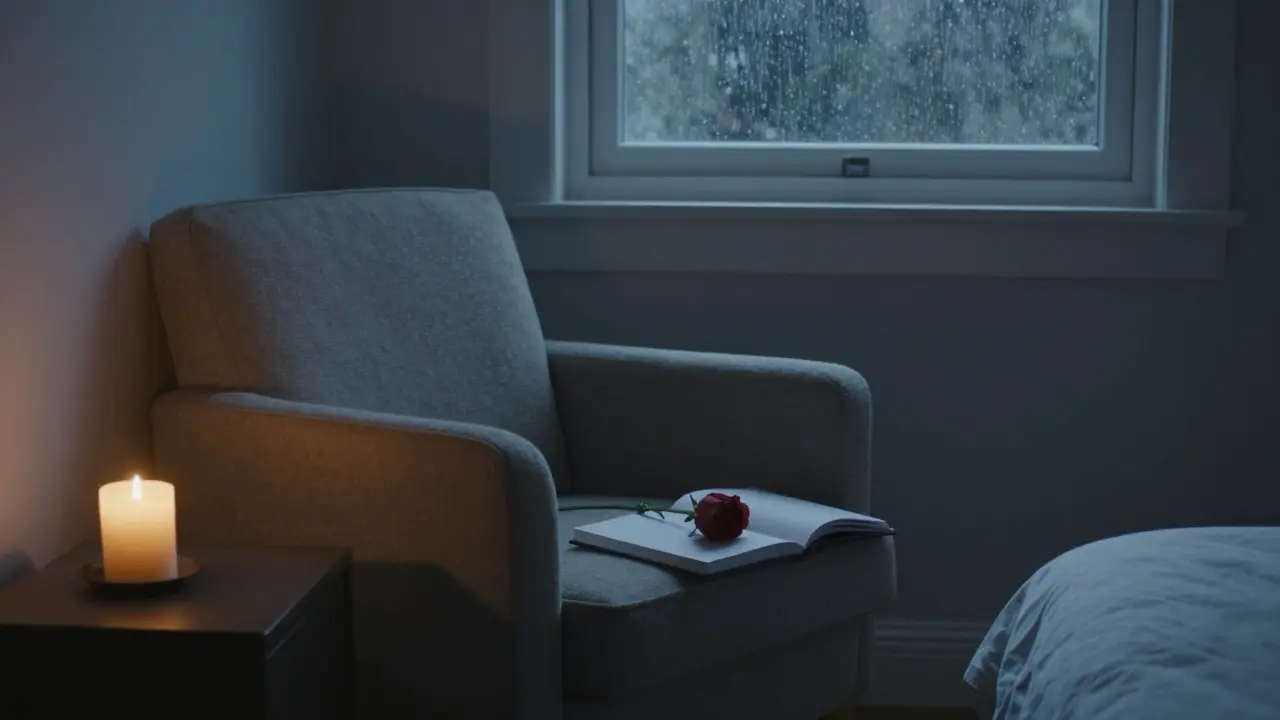An empty armchair with a candle and open journal beside it, rain on the window, symbolizing a meaningful moment passed.