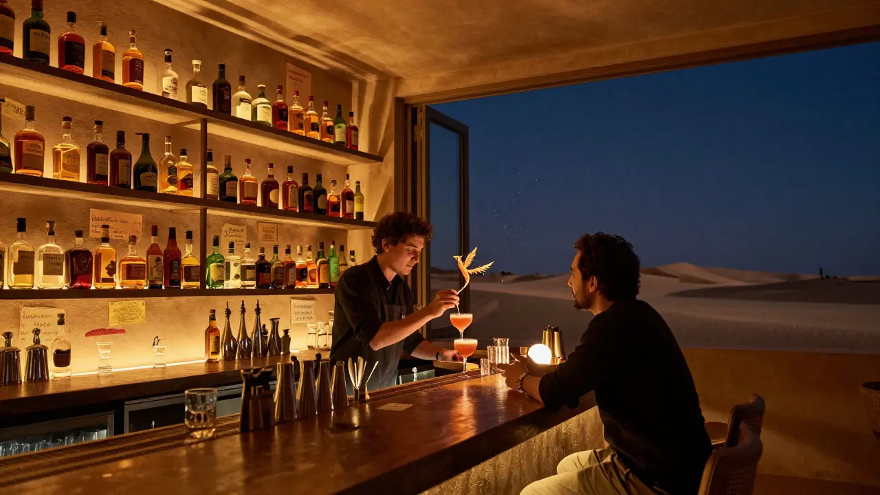 An intimate rooftop bar where a bartender prepares a personalized drink while listening to a guest’s story.