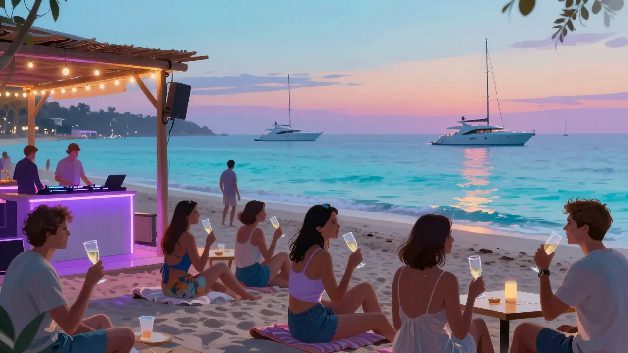 Beach club at Blue Bay with glowing lights and yachts in the harbor.