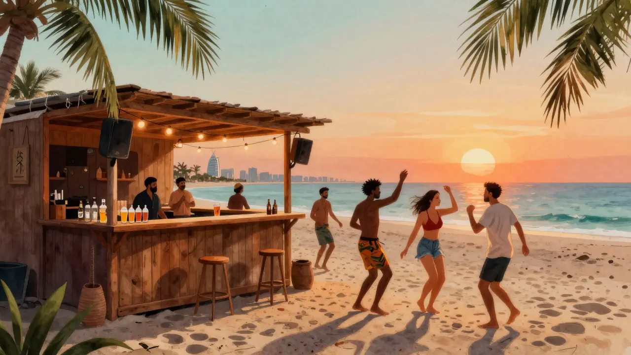 Beachside Barasti shack at sunset with barefoot guests dancing,  beers, and Palm Jumeirah in the distance.
