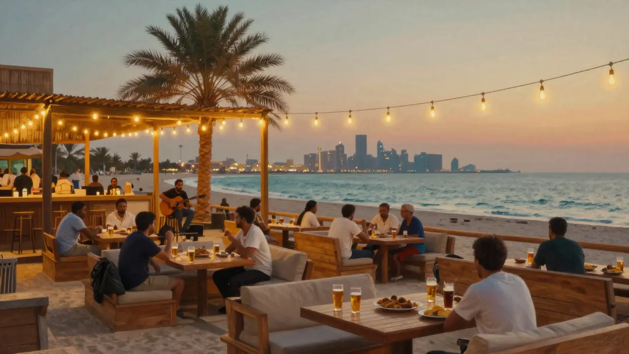Casual beachfront bar at dusk with string lights, relaxed guests, and glowing city skyline in background.