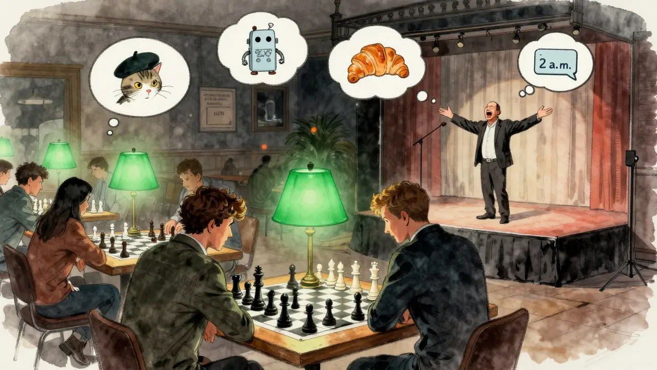 Chess players in a club while a comedian performs, with surreal thought bubbles floating above.
