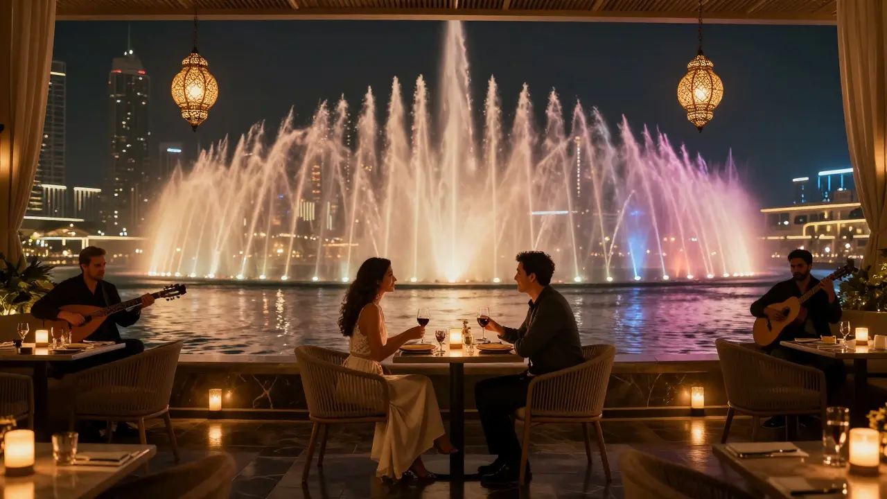 Couples enjoying a romantic dinner under candlelight with the Dubai Fountain dancing in the background.