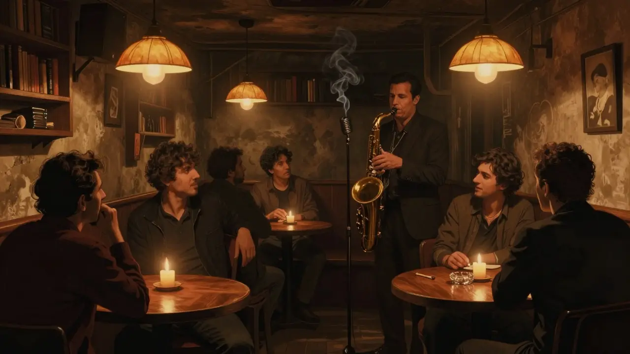 Cozy underground jazz bar with saxophonist and intimate crowd.