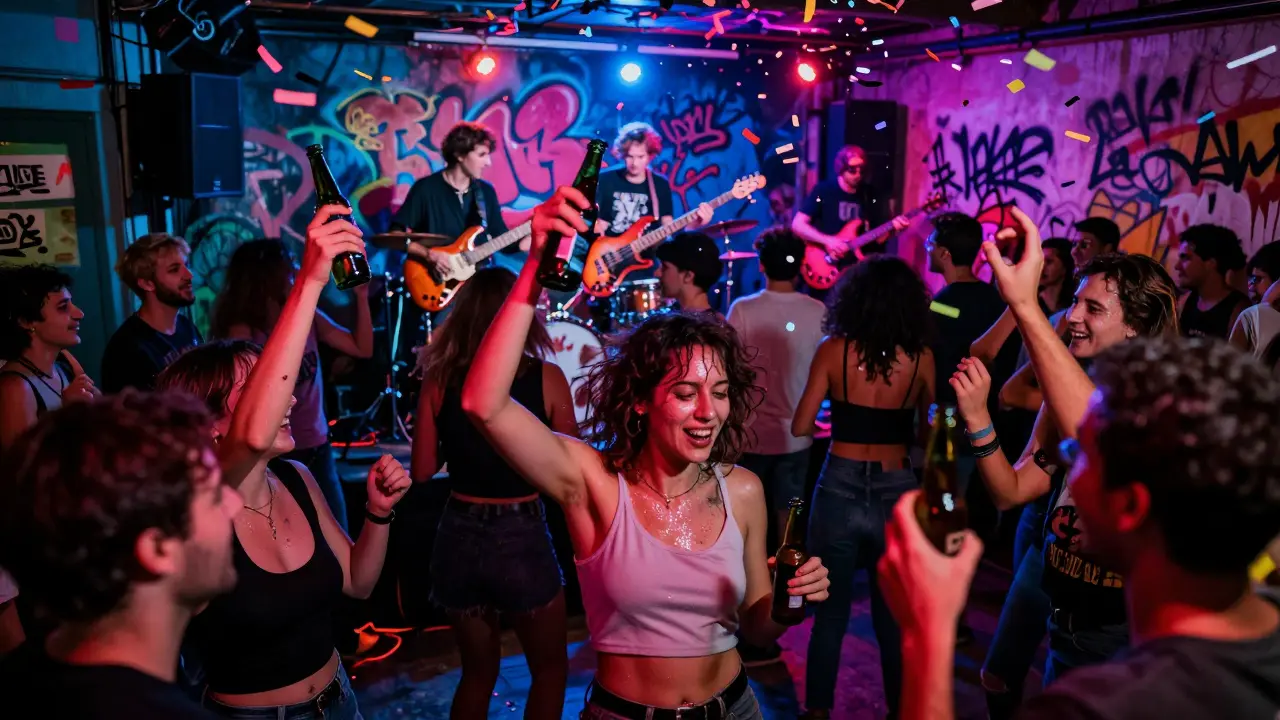 Crowd dancing energetically in a neon-lit underground music venue with a live punk band.
