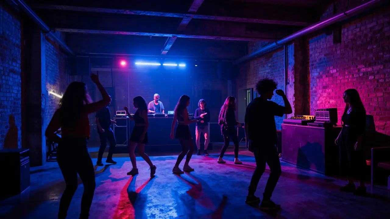 Crowd dancing in a neon-lit industrial nightclub with vinyl turntables and pulsing lights.