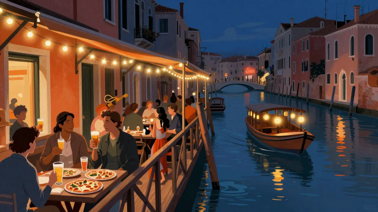 Crowds dancing and drinking along Milan's Navigli canals under string lights and lantern-lit boats.