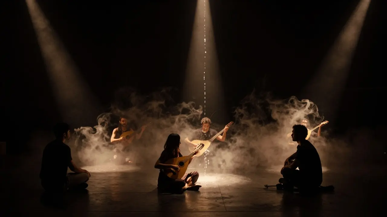 Dark theatre space with actors in amber light, oud scent mist swirling around them in immersive performance.