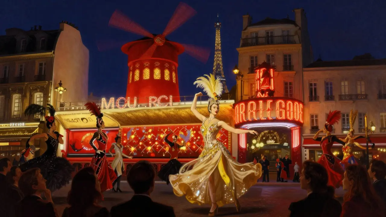 Dazzling cabaret show at Moulin Rouge with feathered dancers under golden spotlights.