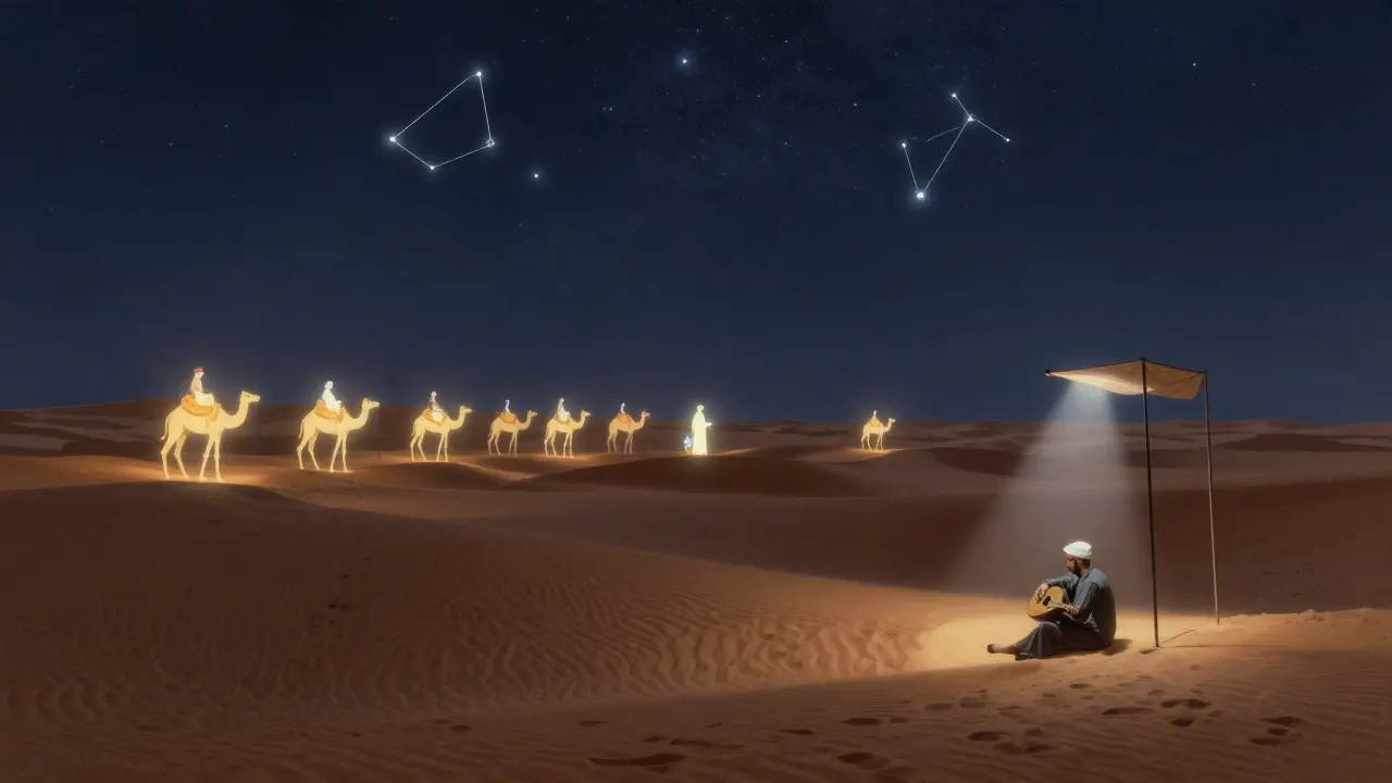 Desert dunes illuminated by projections of ancient traders, oud player under starry sky at night.