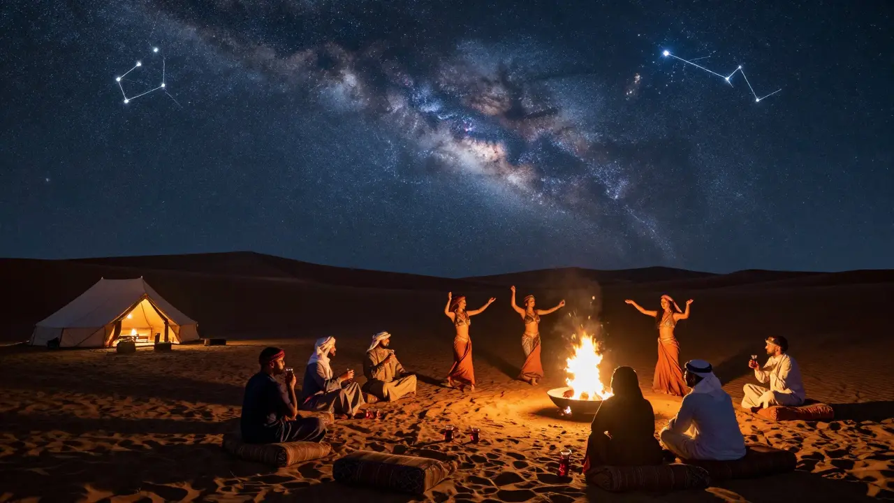 Desert safari camp under a star-filled Milky Way with fire pits and traditional Bedouin entertainment.